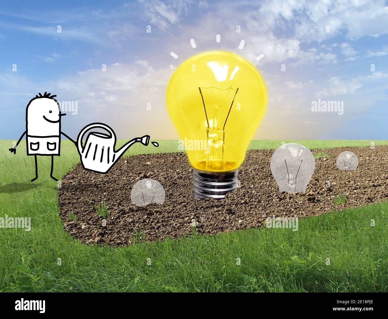 Hand gezeichnet Cartoon Gärtner Gießen Licht Glühbirnen in einem Feld - Collage Stockfoto