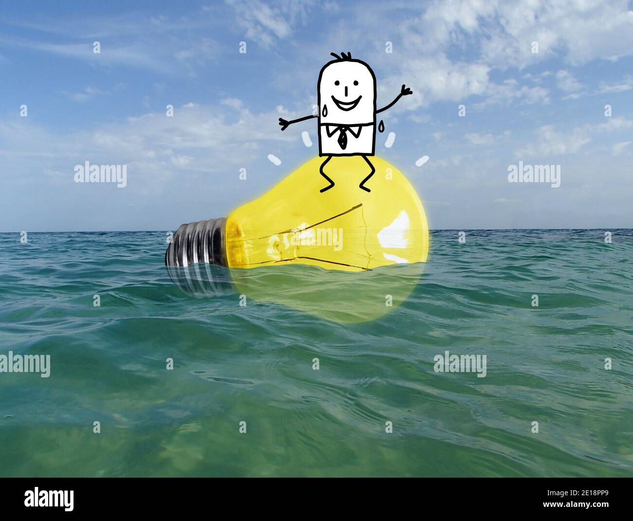 Hand gezeichnet Cartoon Mann im Ozean glücklich und sitzend Auf einem großen gelben Licht Glühlampe - Collage Stockfoto