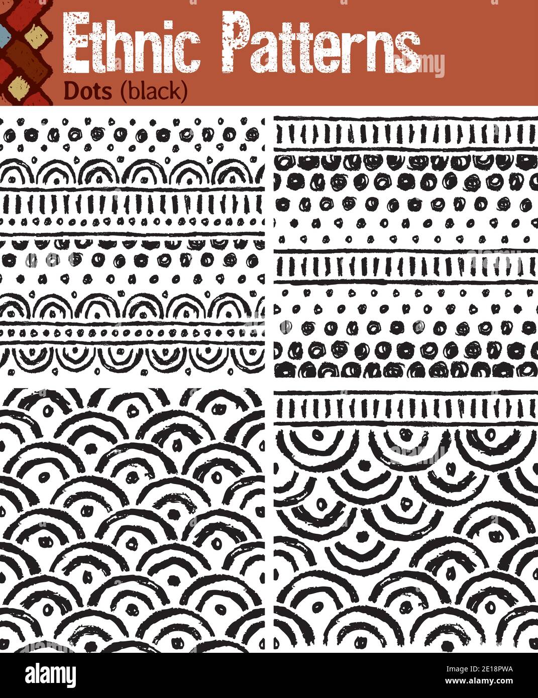 4 nahtlose Muster für Illustrator im Tribal-Stil, aus handgezeichneten Zeichnungen. Stock Vektor