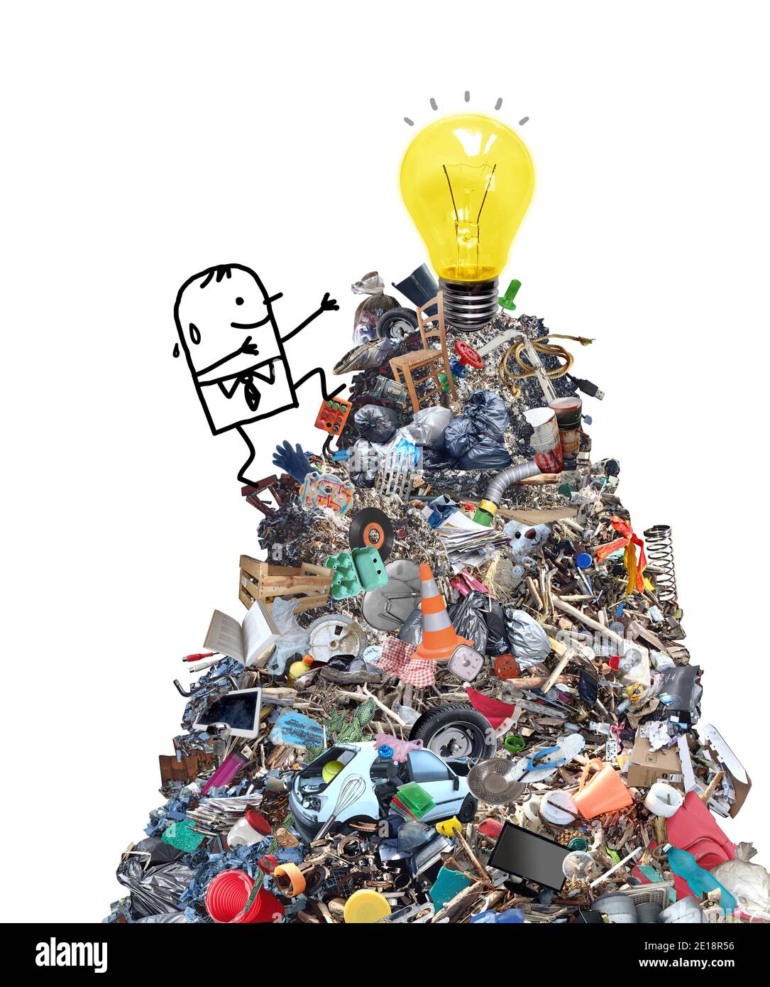 Hand gezeichnet Cartoon man Klettern einen großen Haufen von Garbage glücklich, eine gelbe Glühbirne zu sehen - Collage Stockfoto