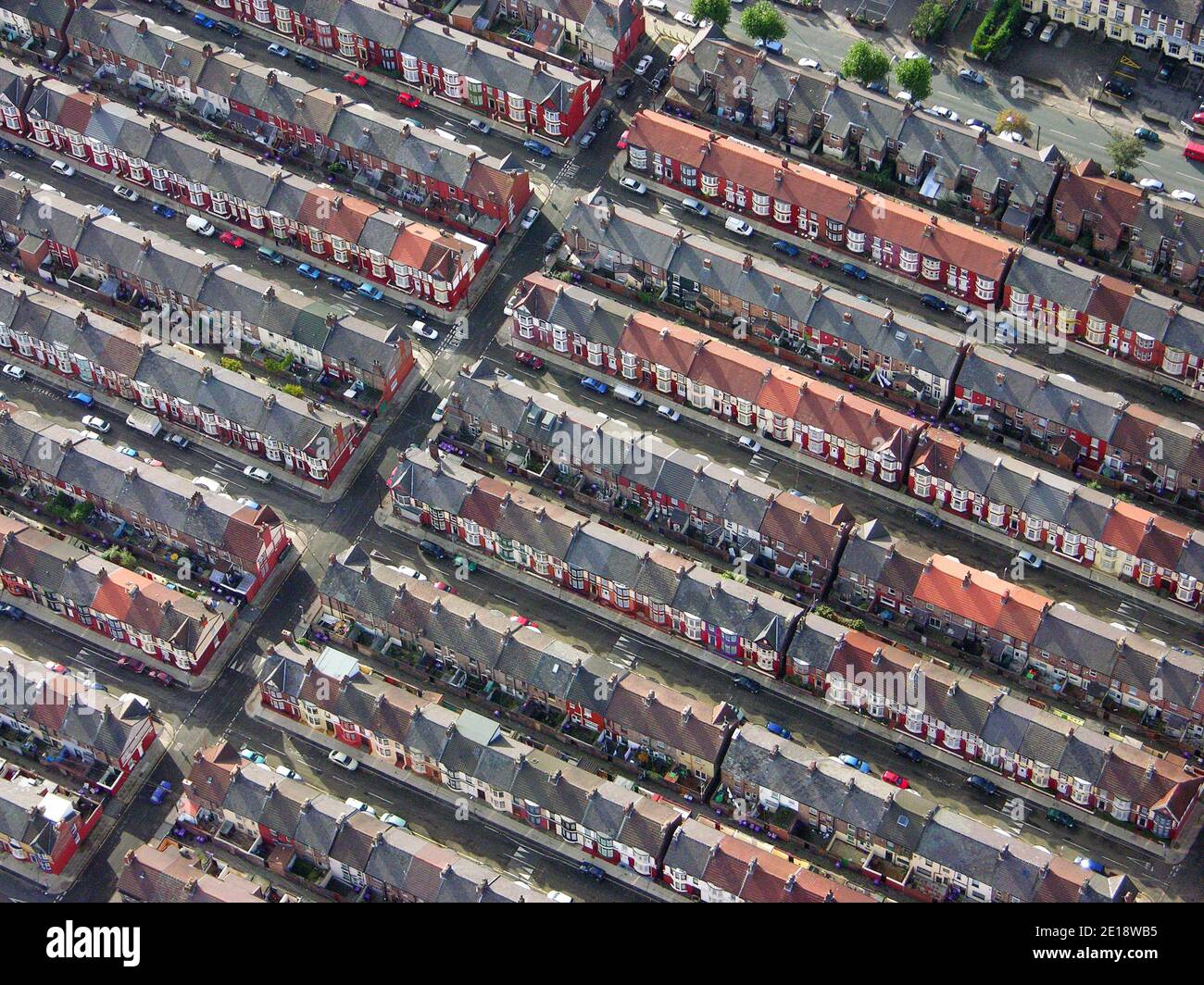 Luftaufnahme von Rücken zu Rücken und Reihenhäuser in Liverpool, Großbritannien Stockfoto