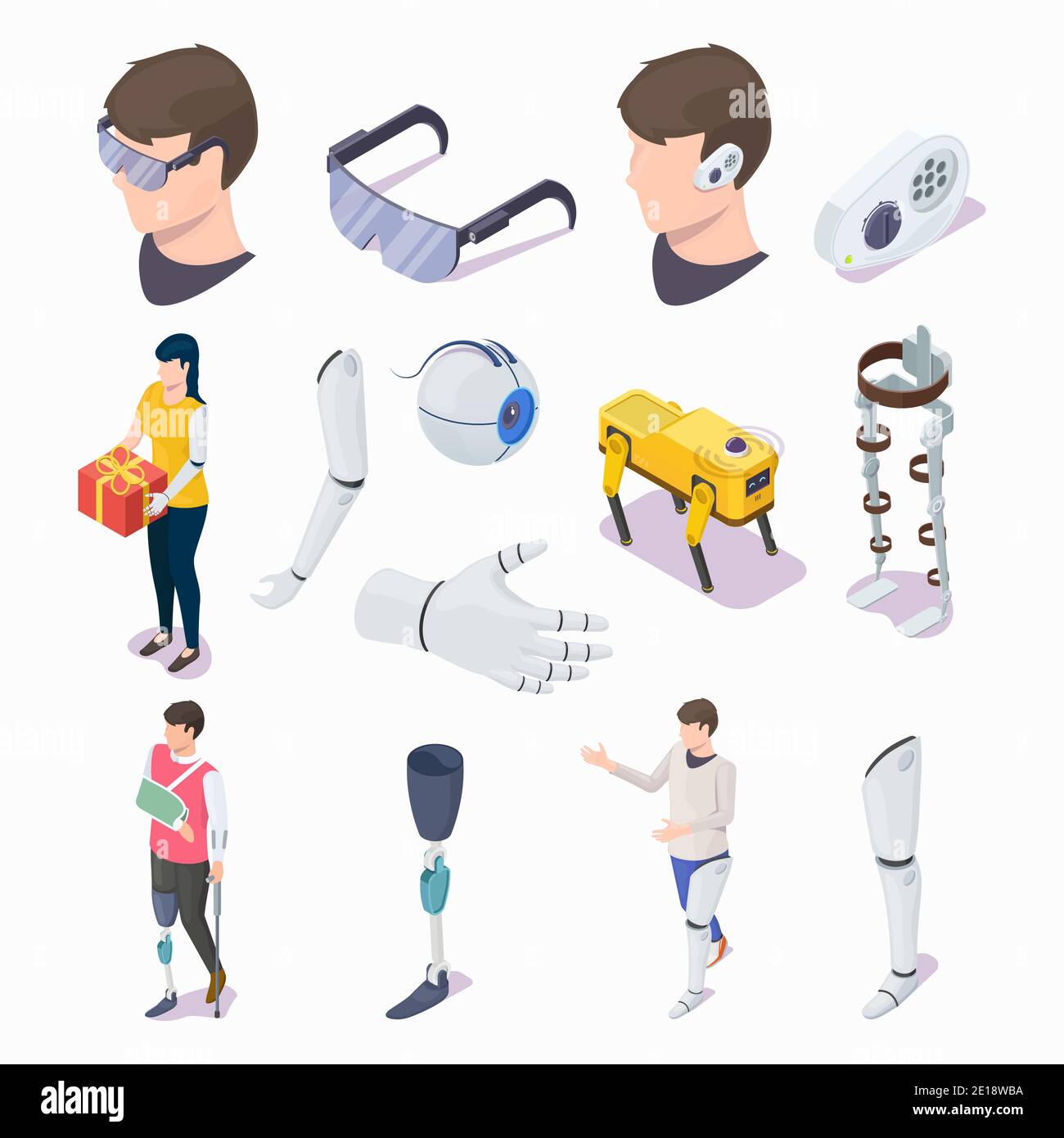 Isometrisches Glasauge, Arm, Beinprothese, Blindbrille, Hörgerät, flache Vektorgrafik. Prothetische Ausrüstung. Stock Vektor