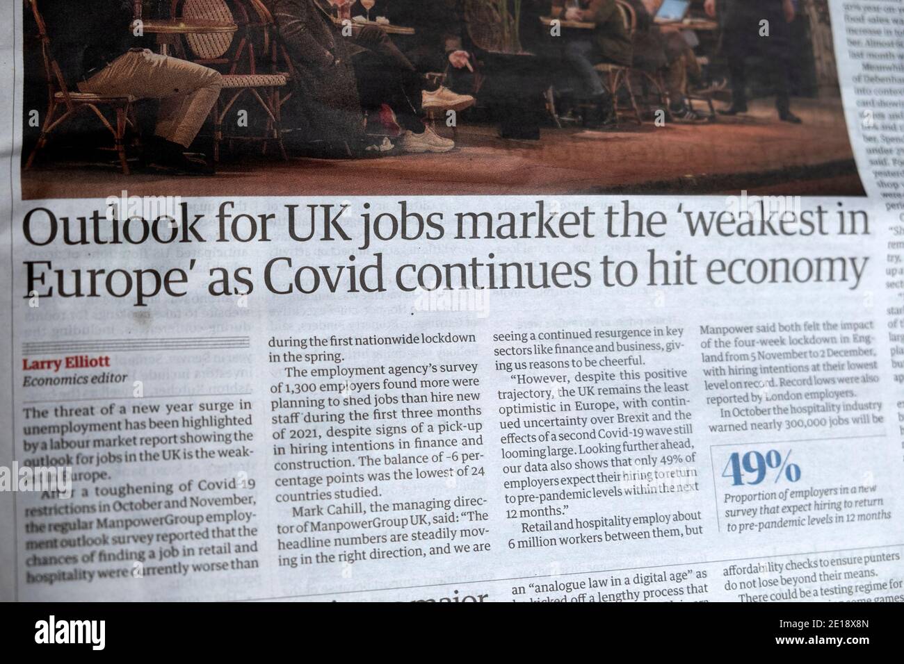„Ausblick für den britischen Arbeitsmarkt ist der „schwächste in Europa“ AS Covid trifft weiterhin den Hauptartikel der Guardian-Zeitung der Wirtschaft 8 Dezember 2020 London Großbritannien Stockfoto