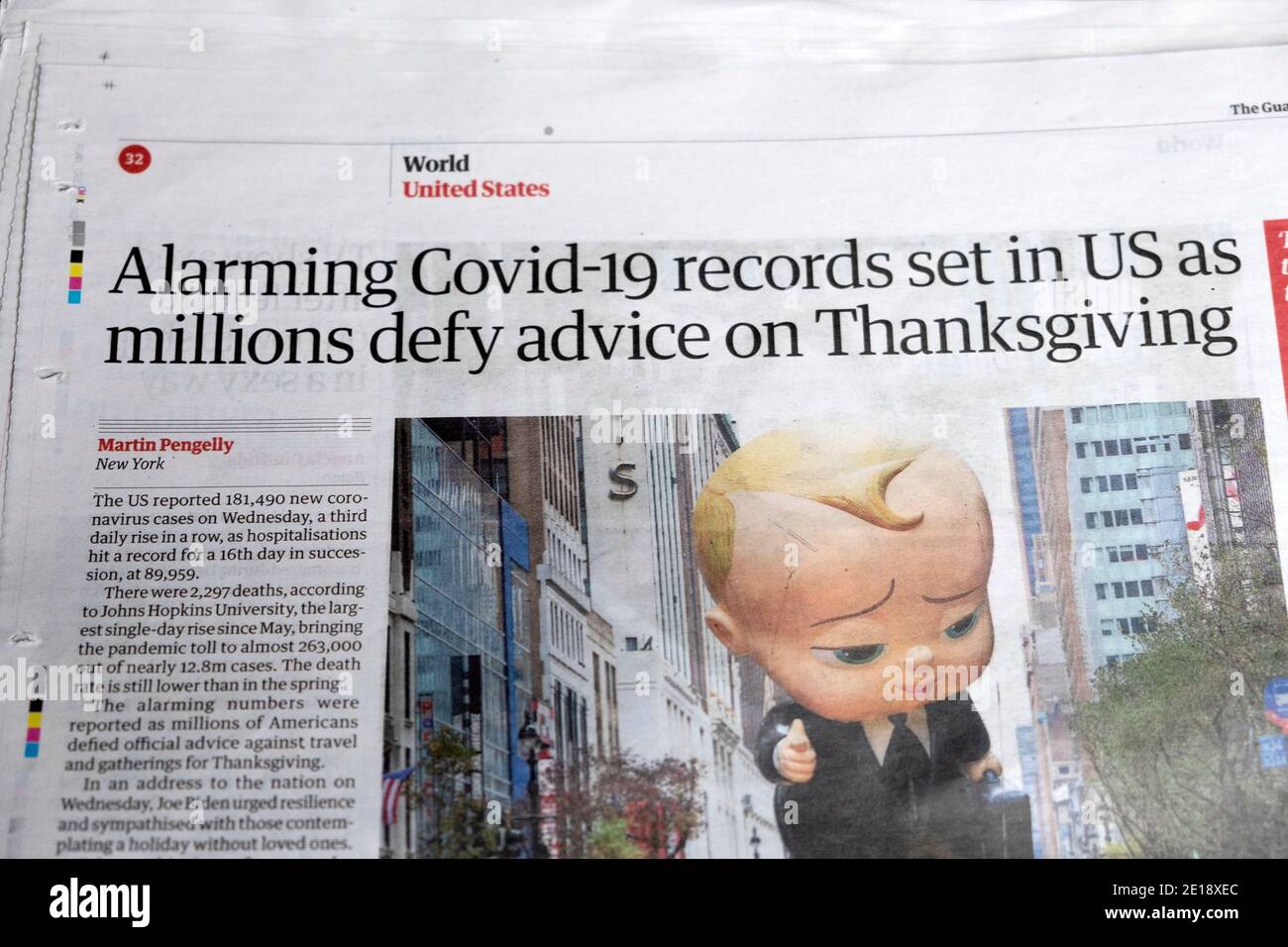 „die alarmierenden Covid-19-Rekorde wurden in den USA aufgestellt, als Millionen sich den Ratschlägen widersetzen Über Thanksgiving' Artikel in der Guardian Zeitung am 26. November 2020 London England Großbritannien Stockfoto