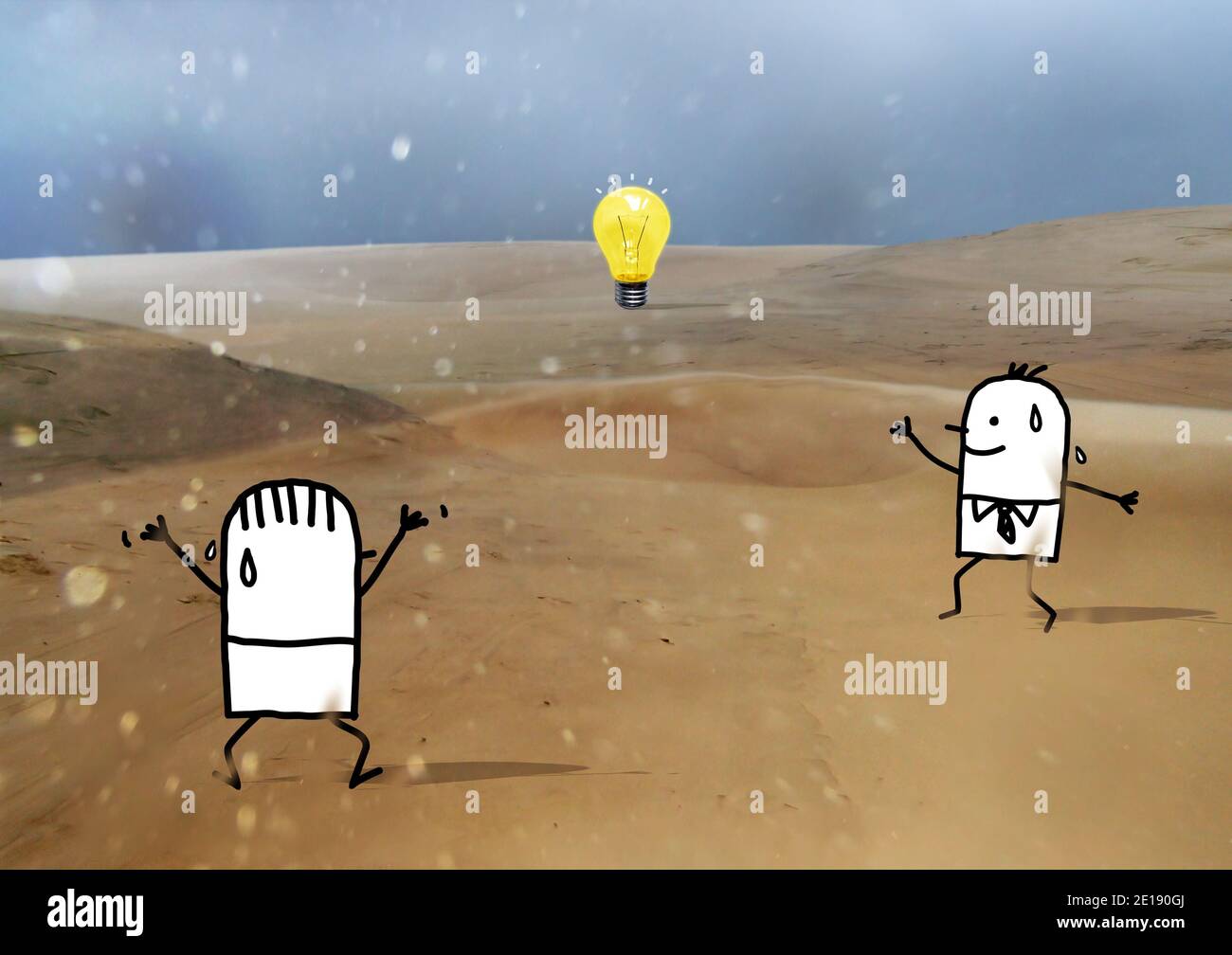 Cartoon Männer verloren in einem wilden Sand Wüste glücklich zu Sehen Sie sich eine Glühlampe mit gelbem Licht an - Collage Stockfoto
