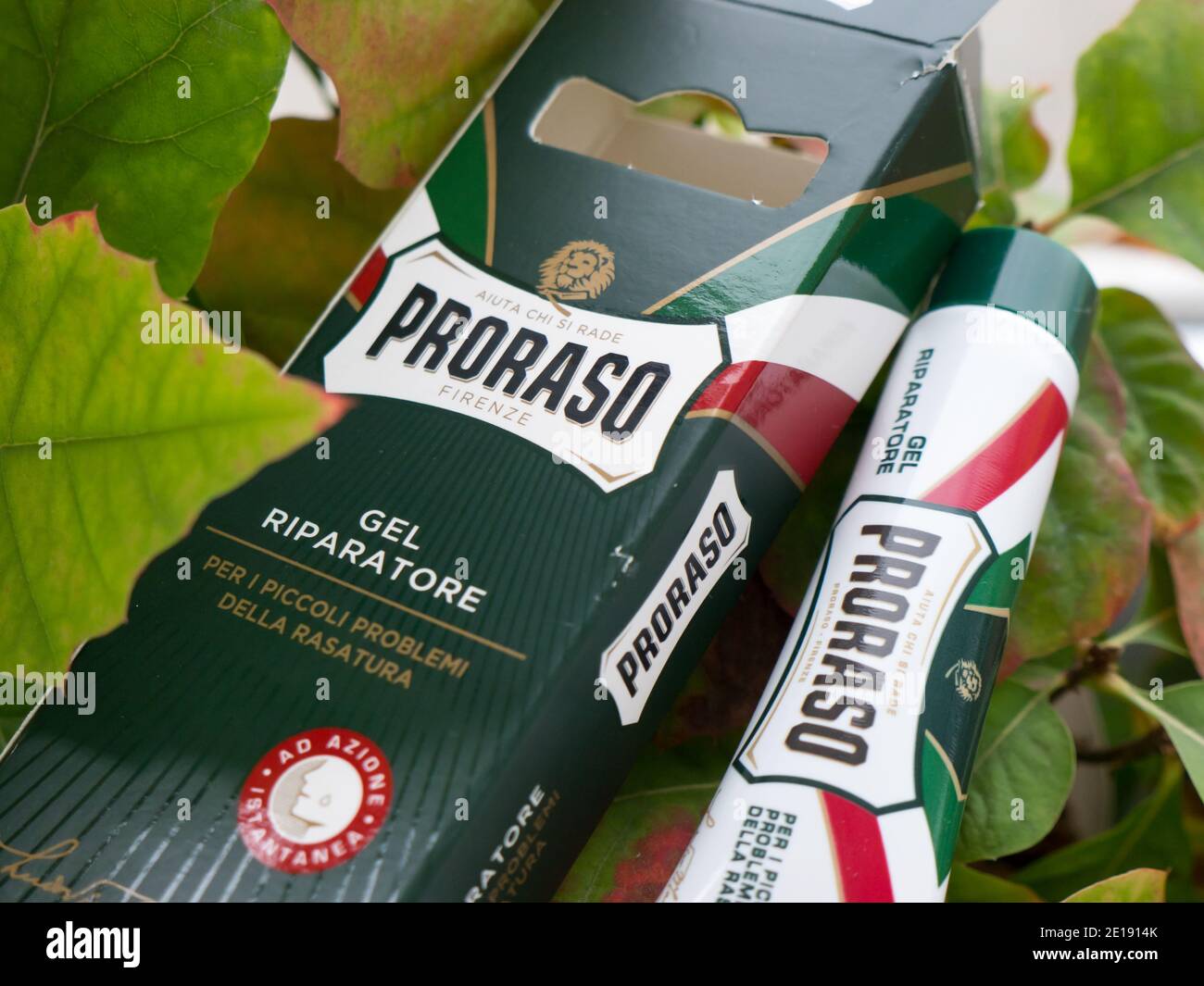 GOMEL, WEISSRUSSLAND - 5. JANUAR 2021: PRORASO Reparatur Gel. Proraso ist eine Marke für Körperpflege und Pflege, die dem italienischen Unternehmen Ludovico Martelli gehört. Stockfoto