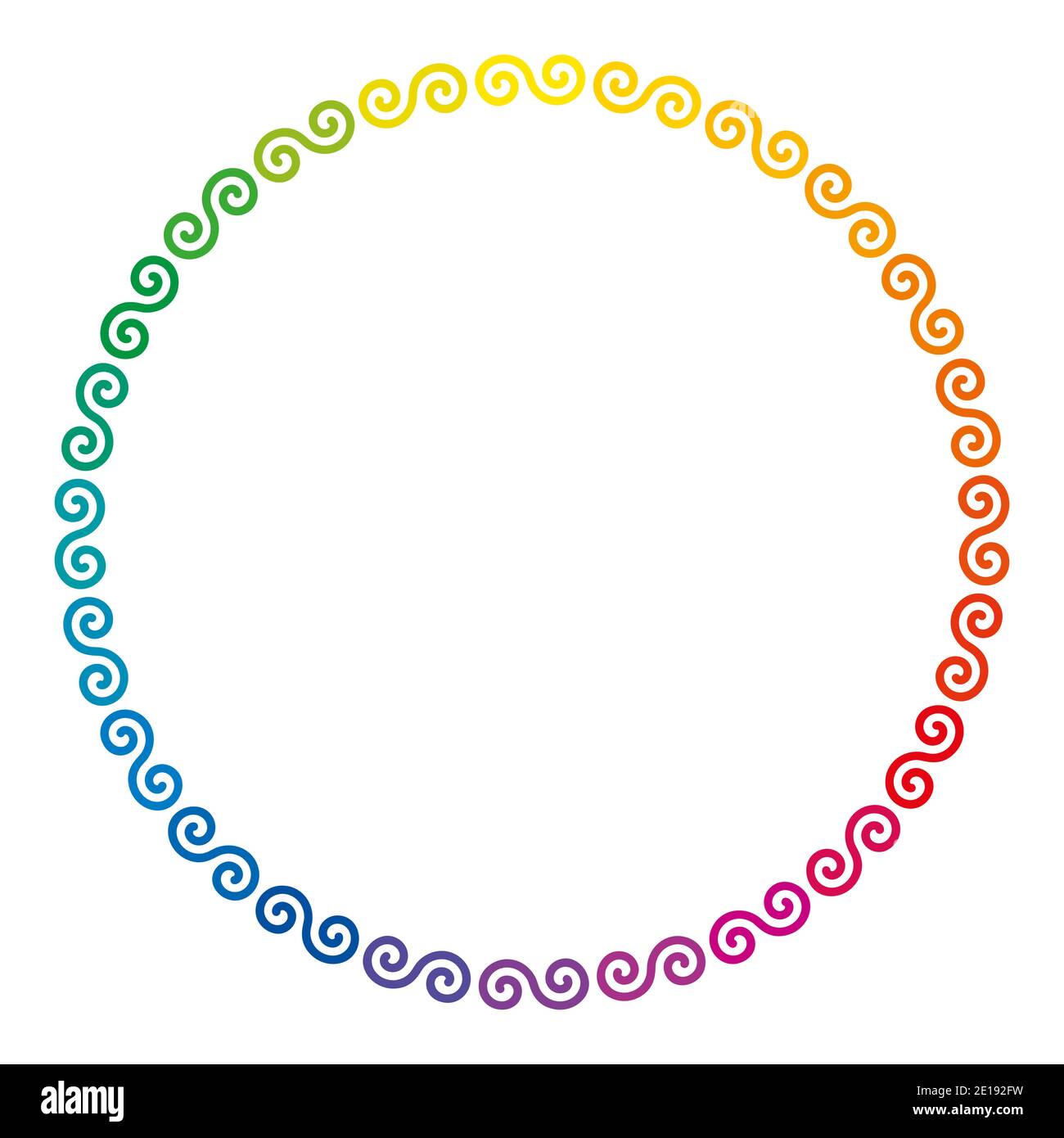 Regenbogen gefärbte keltische Doppelspiralen, die einen kreisförmigen Rahmen bilden. Farbenfrohe Zierbordüre aus mehrfarbigen Doppelspiralen. Stockfoto