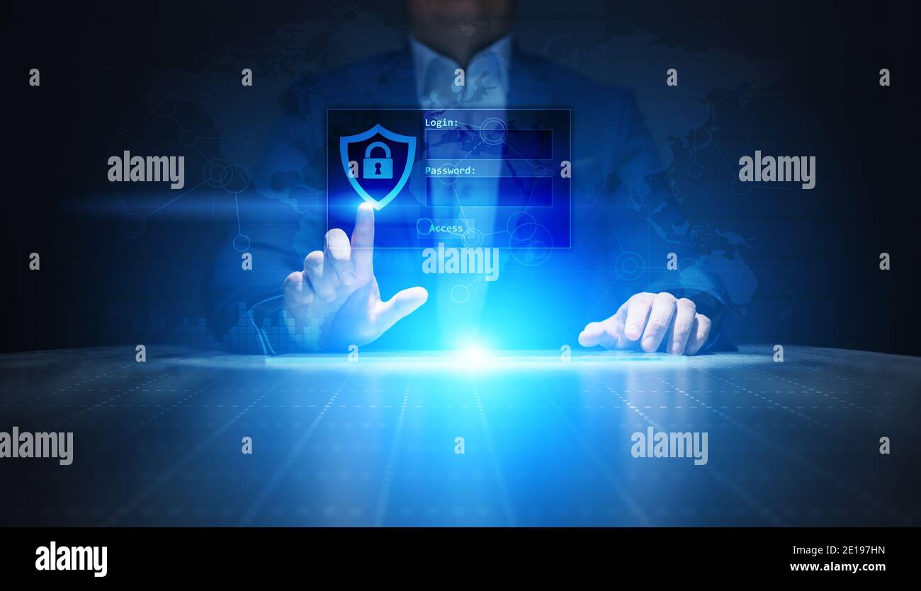 Fenster mit Anmeldung und Passwort auf virtuellem Bildschirm aufrufen. Konzept für Cyber-Sicherheit und persönlichen Datenschutz Stockfoto