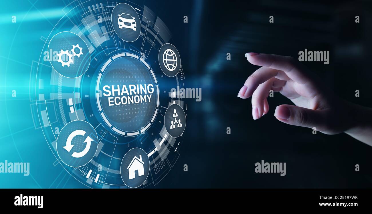 Gemeinsame Nutzung von Wirtschaft, Innovation und Zukunft Business Technology Konzept auf virtuellen Bildschirm Stockfoto