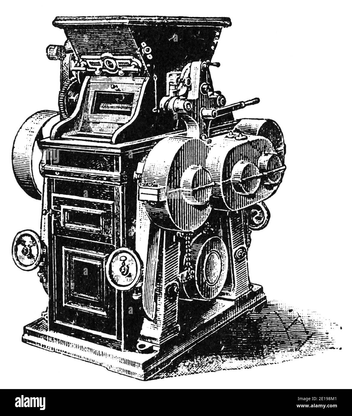 Industrielle elektrische Mühle. Illustration des 19. Jahrhunderts. Deutschland. Weißer Hintergrund. Stockfoto