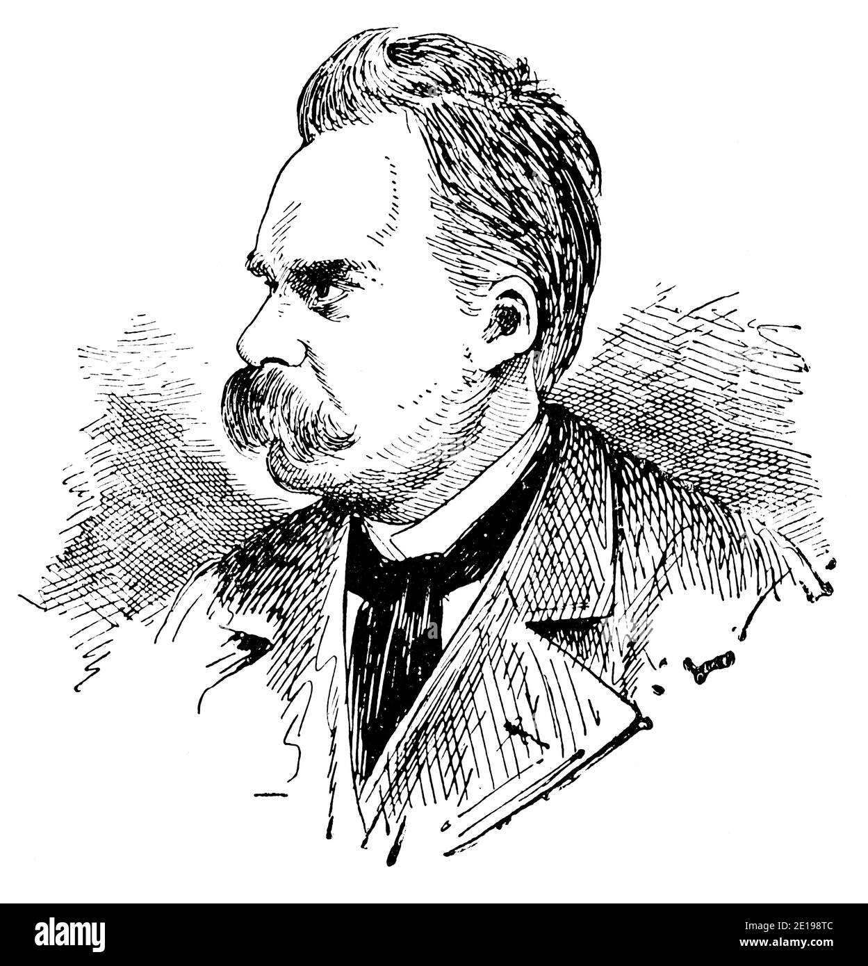 Porträt von Friedrich Wilhelm Nietzsche - ein deutscher Philosoph, Kulturkritiker, Komponist, Dichter, Schriftsteller und Philologe. Illustration des 19. Jahrhunderts. Deutschland. Weißer Hintergrund. Stockfoto