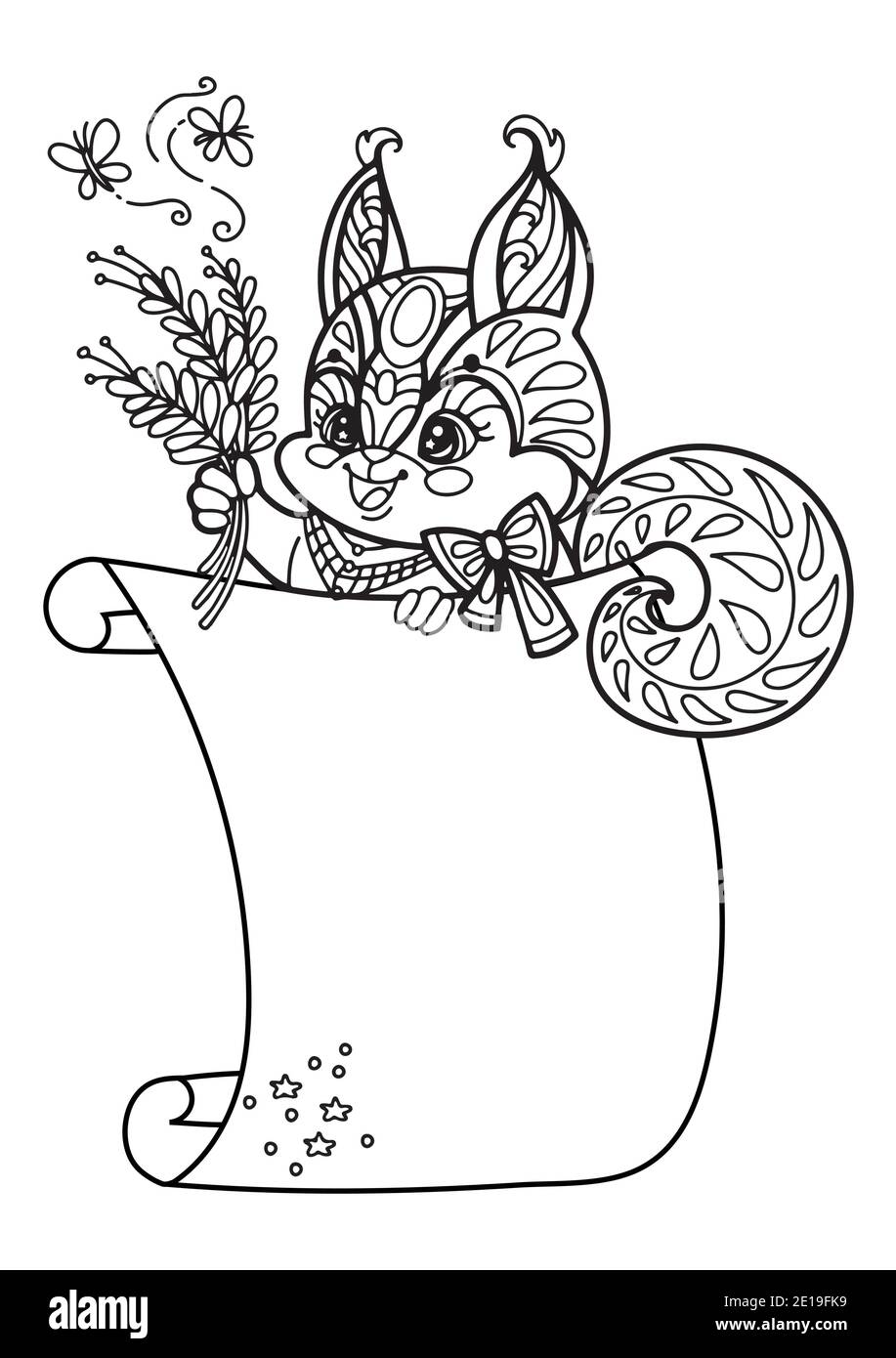 Niedliches Eichhörnchen mit Schriftrolle Schablone. Monochrome Vektor kawaii Illustration mit Tier im Tangle-Stil und leere leere Papiervorlage. Für den Druck, Stock Vektor