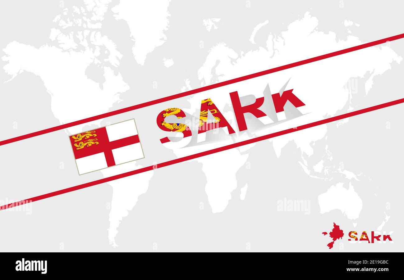 Sark Karte Flagge und Text Illustration, auf Weltkarte Stock Vektor