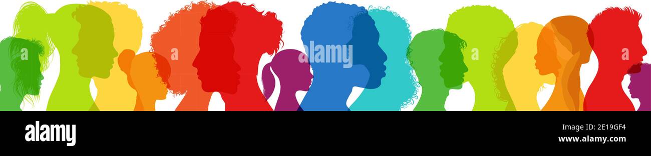 Vielfalt multiethnischer Menschen. Gruppe Seite Silhouette Männer und Frauen der verschiedenen Kultur und verschiedenen Ländern. Rassengleichheit. Harmonie der Koexistenz Stock Vektor