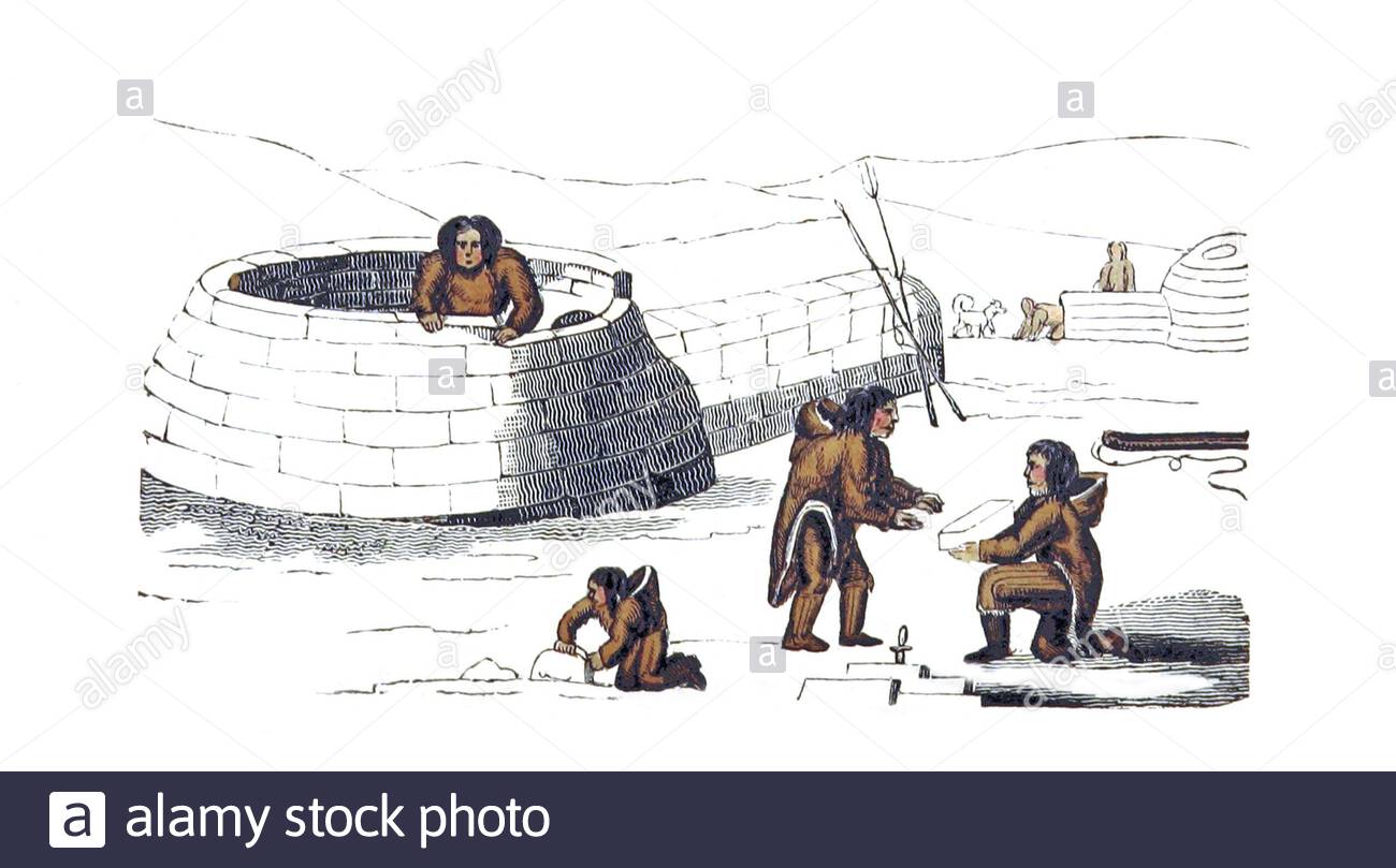 Eskimo baut ein Iglu, Vintage Illustration von 1825 Stockfoto