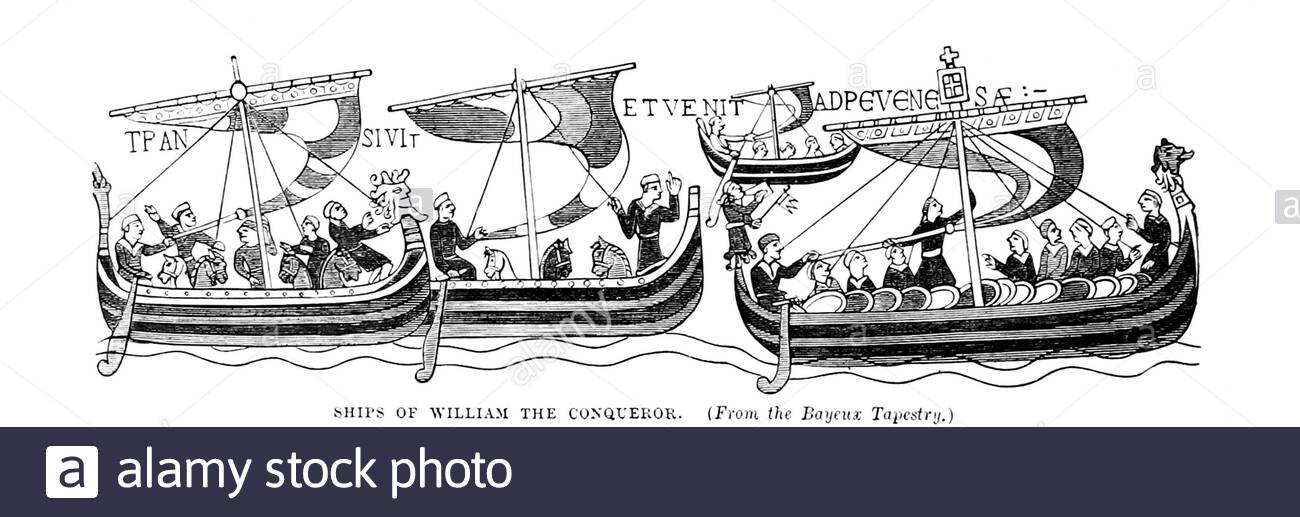 Schiffe von Wilhelm dem Eroberer, 1028 – 1087, erster normannischer König von England, aus dem Wandteppich von Bayeux, Vintage-Illustration von 1882 Stockfoto
