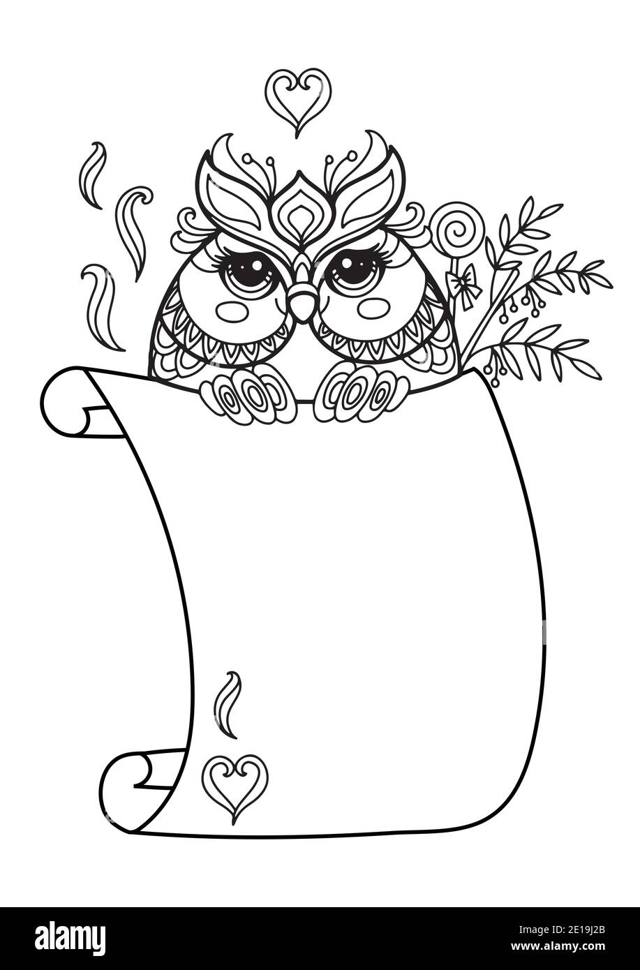 Niedliche Eule mit Scroll-Zeichen Vorlage. Monochrome Vektor kawaii Illustration mit Tier im Tangle-Stil und leere leere Papiervorlage. Für den Druck, desig Stock Vektor