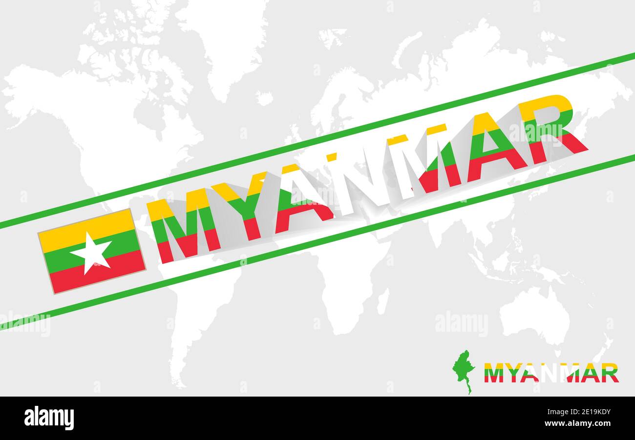 Myanmar Karte Flagge und Text Illustration, auf Weltkarte Stock Vektor