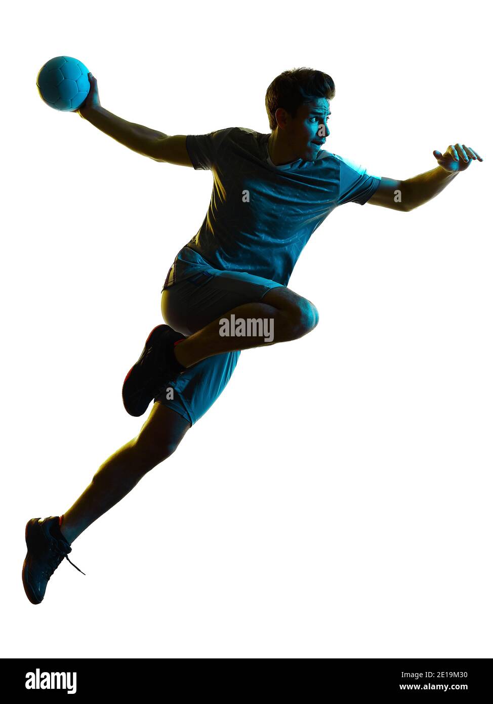 Ein junger kaukasischer Handballspieler Mann Silhouette Schatten isoliert auf Weißer Hintergrund Stockfoto