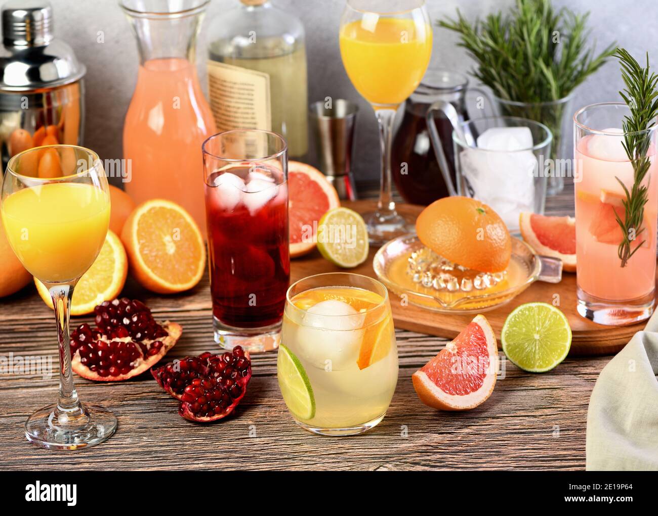 Getränke und Cocktails aus Gin mit verschiedenen Zitrusfrüchten Stockfoto