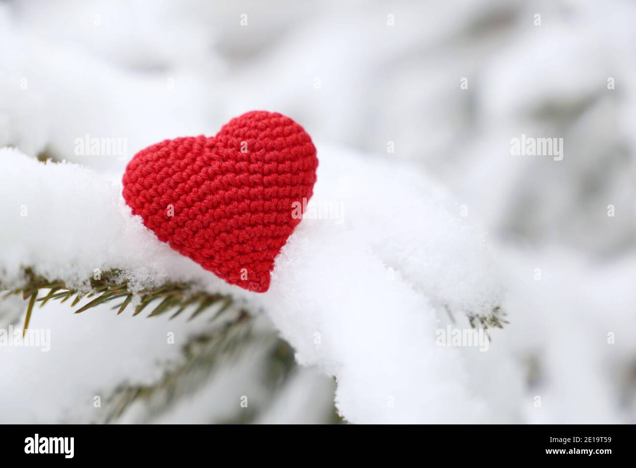 Valentine Herz im Winterwald, kaltes Wetter. Rot gestricktes Herz auf schneebedecktem Tannenzweig, Symbol der romantischen Liebe, Hintergrund für den Urlaub Stockfoto