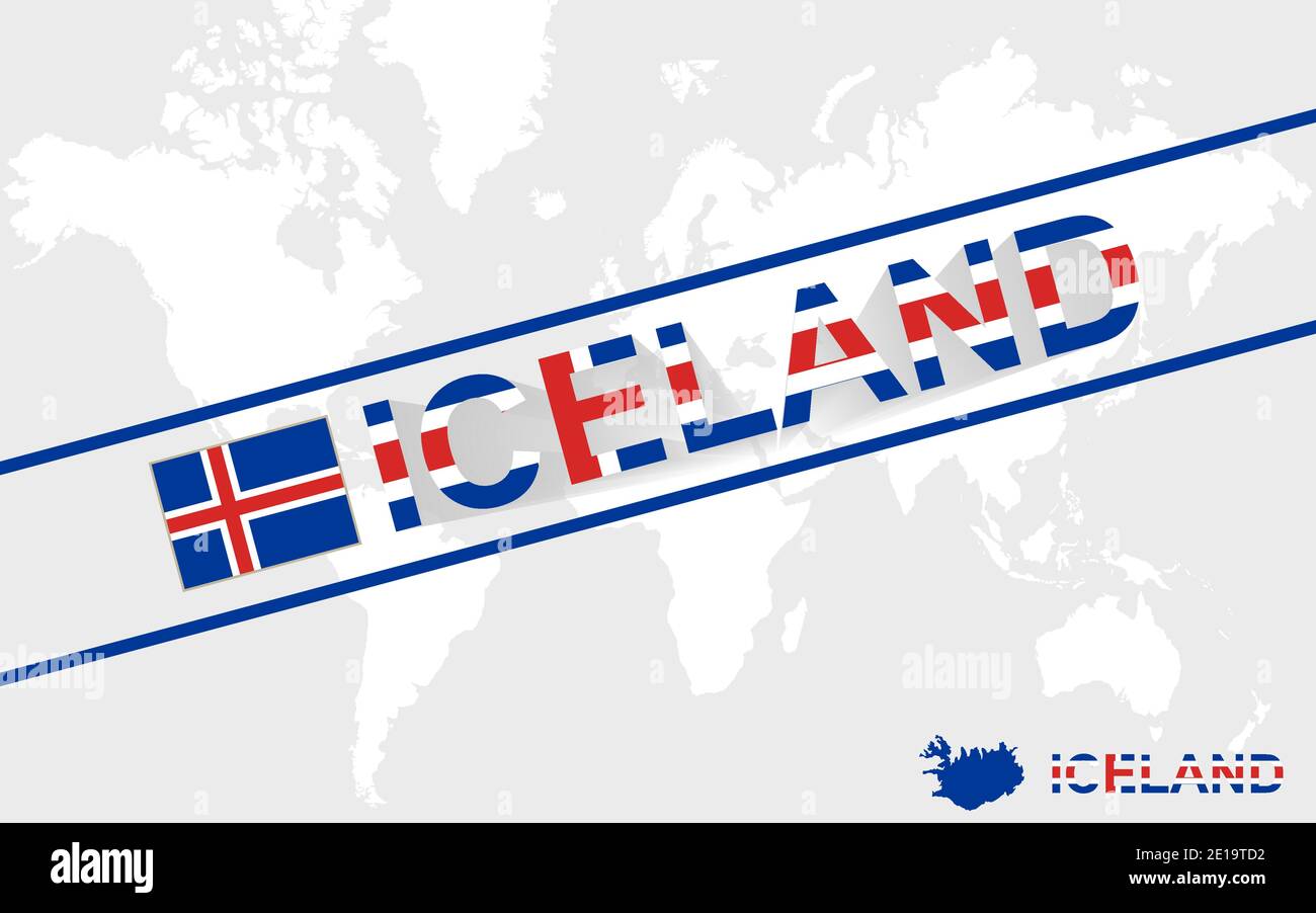 Island Karte Flagge und Text Illustration, auf Weltkarte Stock Vektor