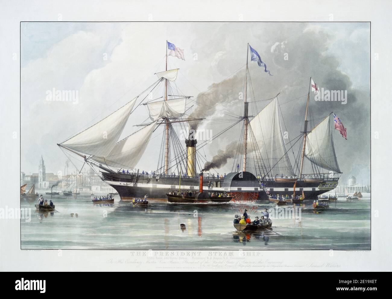 Das President Steam Ship. Nach einem Stich von R.G und A.W. Reeve erschien 1840 nach einem Gemälde von Samuel Walters. Der britische Passagierdampfer SS President war das größte Schiff der Welt. 1841 war sie mit allen an Bord auf See verloren Stockfoto