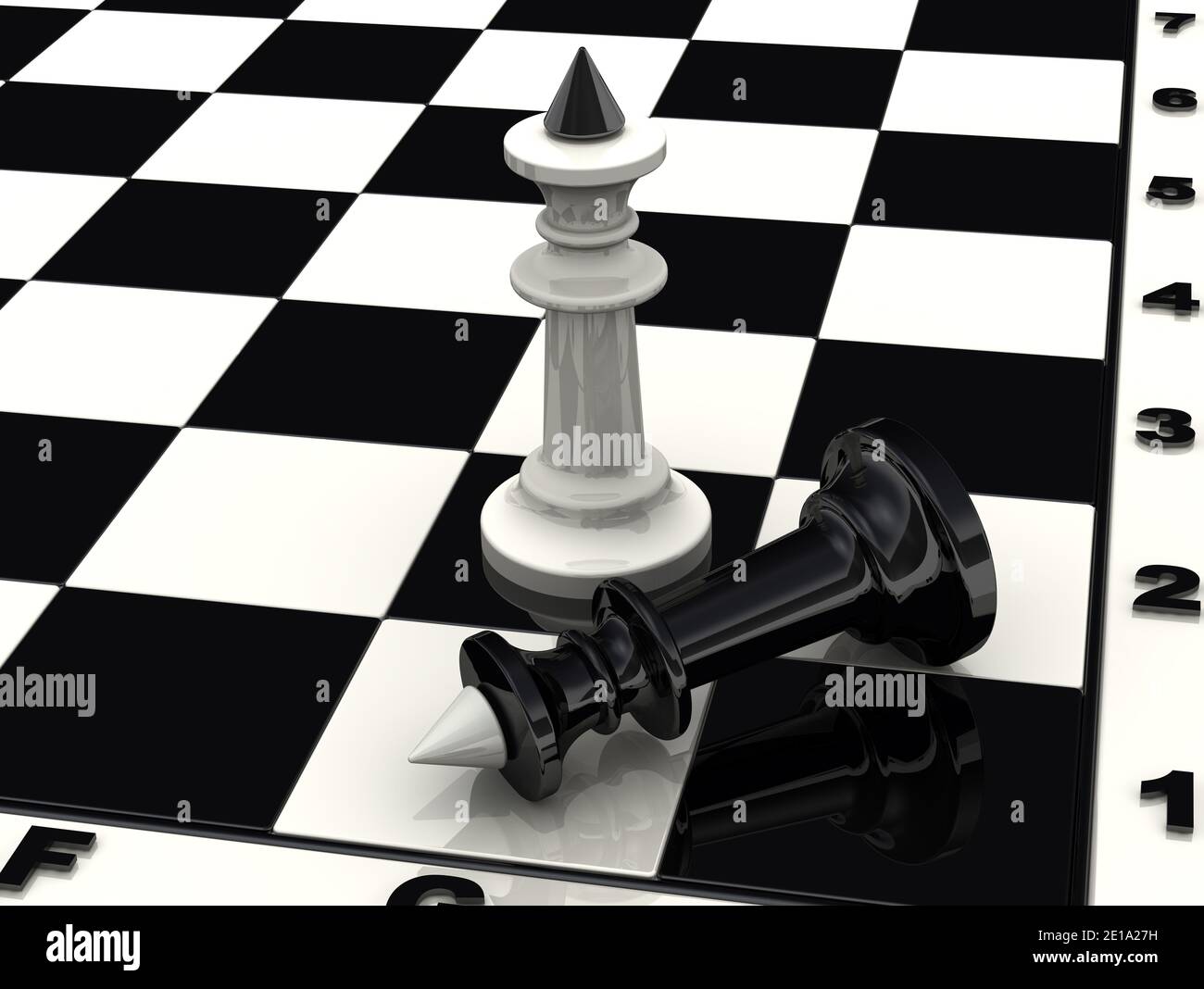Die Niederlage des schwarzen Königs. Schach weißen König steht über besiegten schwarzen König. 3D-Illustration Stockfoto