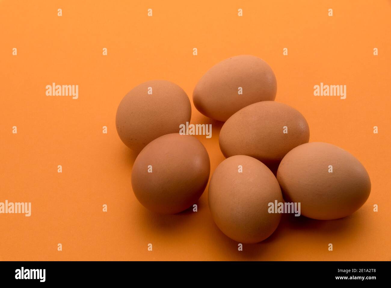 Eier isoliert auf orangefarbenem Hintergrund, sechs braune Hühnereier, ein halbes Dutzend in der Draufsicht, Textraum Stockfoto