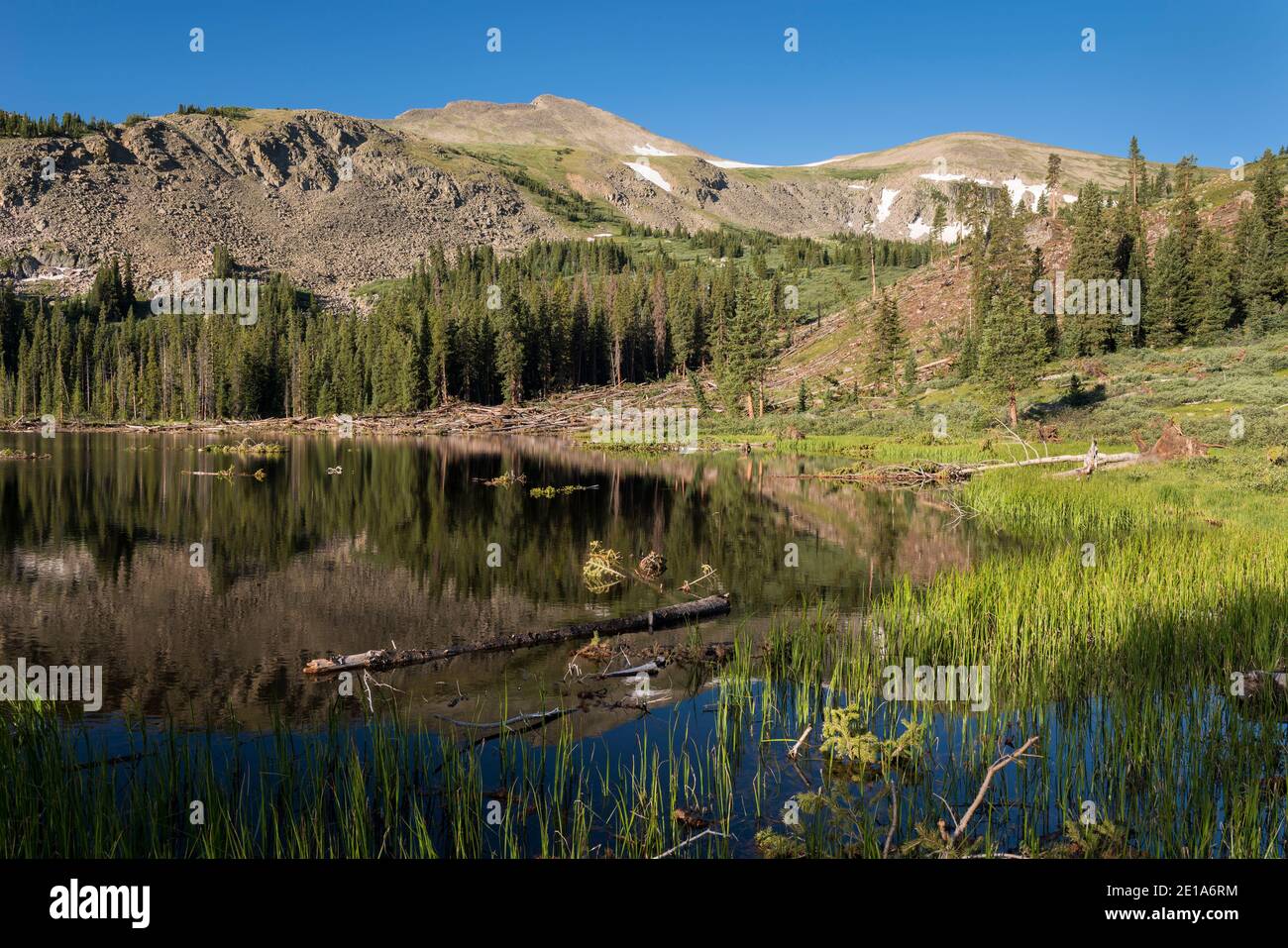 Hartenstein Lake, mit Turner Peak steigt oben auf 13,237 Fuß. Das Hotel liegt im San Isabel National Forest im Süden Colorados. Stockfoto