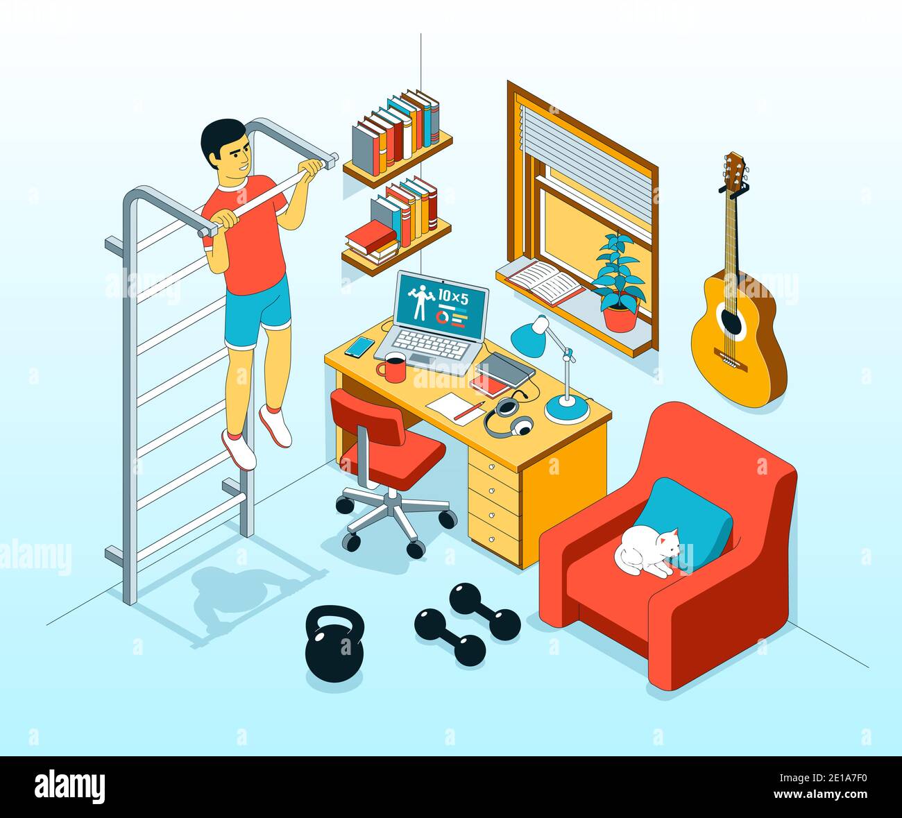 Heimtraining - Pullup an der Bar. Trainieren Sie zu Hause im Wohnzimmer Stock Vektor