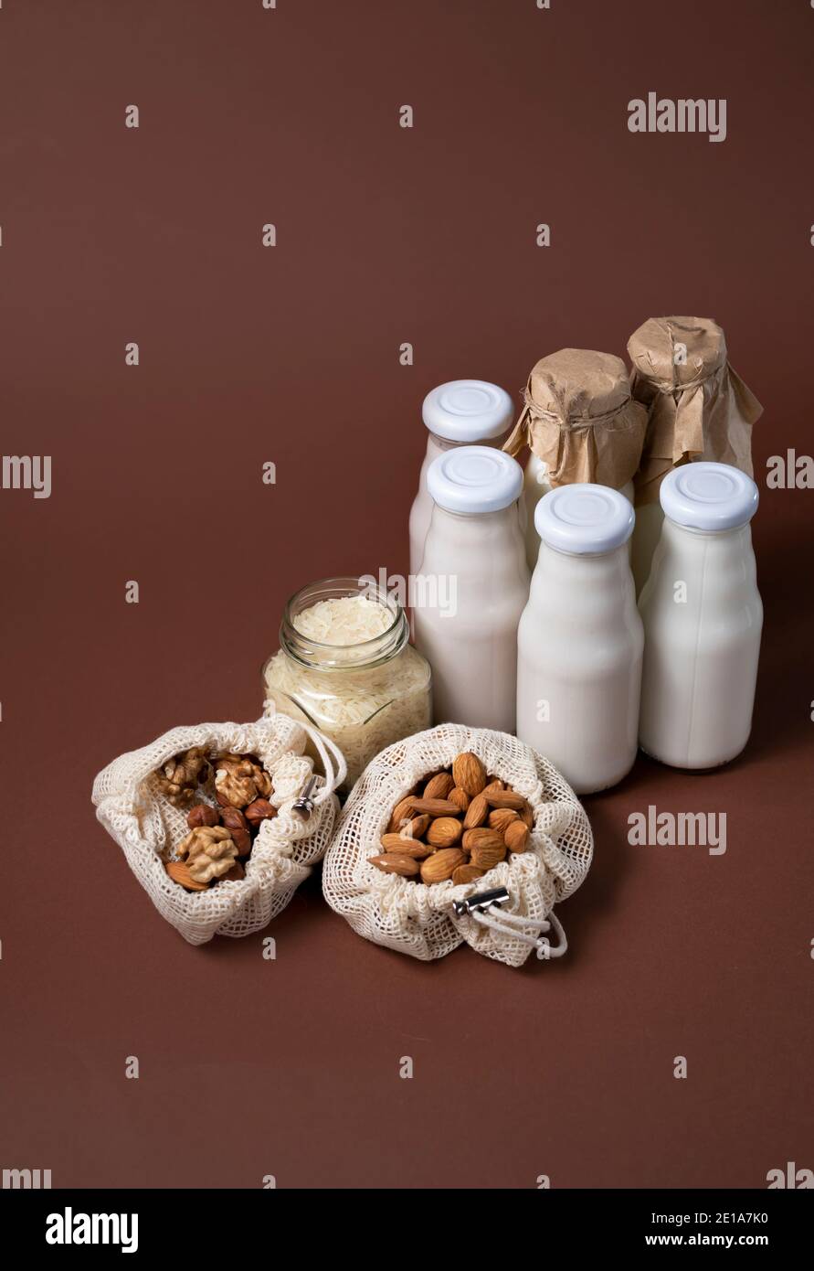 Eine Vielzahl von laktosefreier Milch aus Nüssen und Körnern in Glasflaschen. Veganes Konzept mit Haselnuss, Hafer, Kokosnuss, Mandel, Walnuss Stockfoto