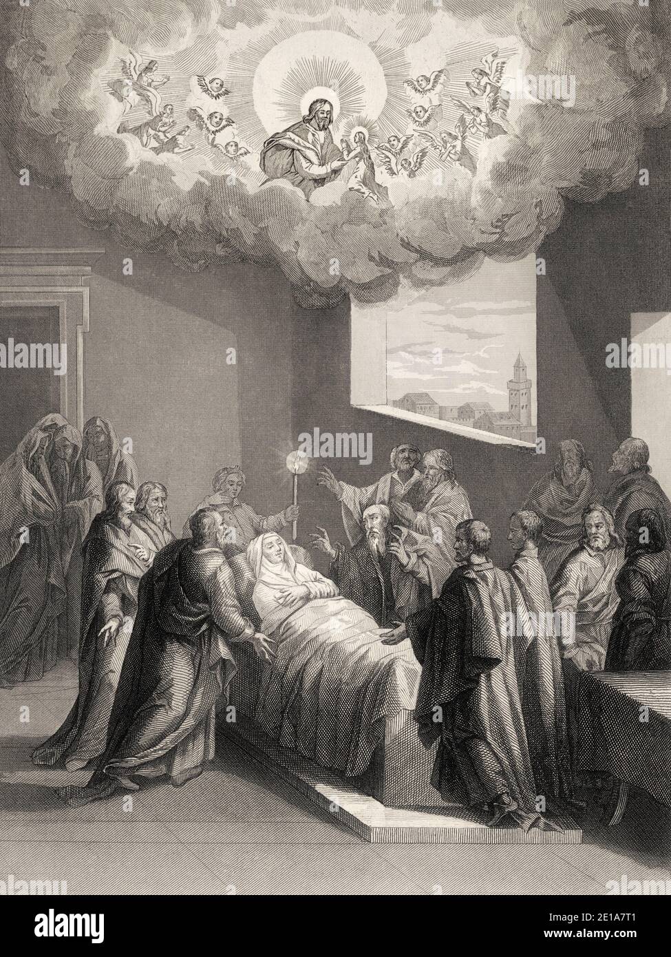 Der Tod der Jungfrau Maria, Stahlstich 1853, digital restauriert Stockfoto