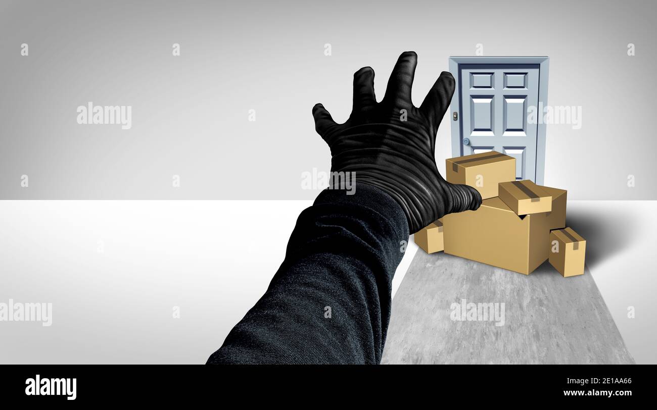 Paket kriminellen und Lieferung Diebstahl oder Portal Piratendieb stehlen Pakete von einem Haus an eine Haustür als geliefert Ein Einbrecher beraubt Kisten Stockfoto