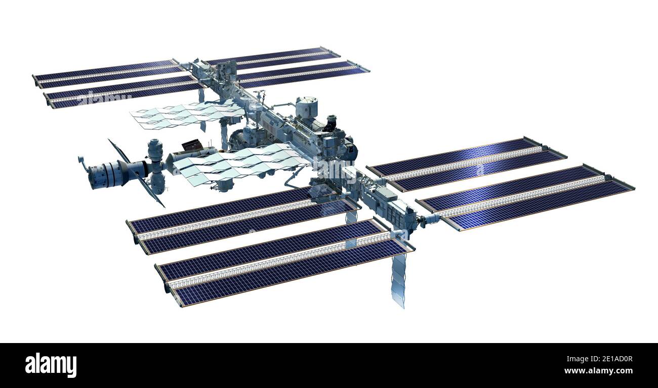 3D-Rendering der Internationalen Raumstation von ihrer Zenitseite mit Solarmodulen und detaillierter modularer Architektur. Stockfoto