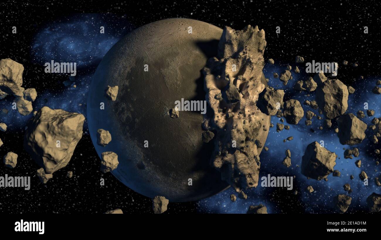 3D Darstellung eines Asteroidenfeldes neben einem mondähnlichen Planetenobjekt. Stockfoto