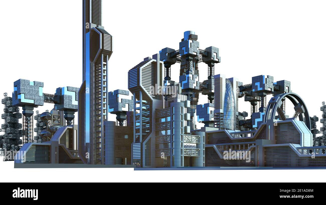 3D Illustration einer futuristischen Stadtarchitektur mit Wolkenkratzern und modernen Glasstrukturen, für Fantasy- oder Science-Fiction-Hintergründe, mit dem c Stockfoto