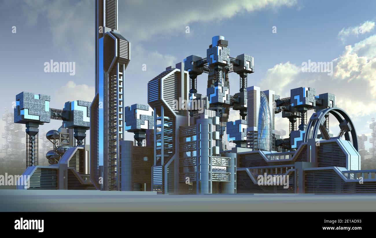 3D Illustration einer futuristischen Stadtarchitektur mit Wolkenkratzern und modernen Glasstrukturen, für Fantasy- oder Science-Fiction-Hintergründe, mit dem c Stockfoto