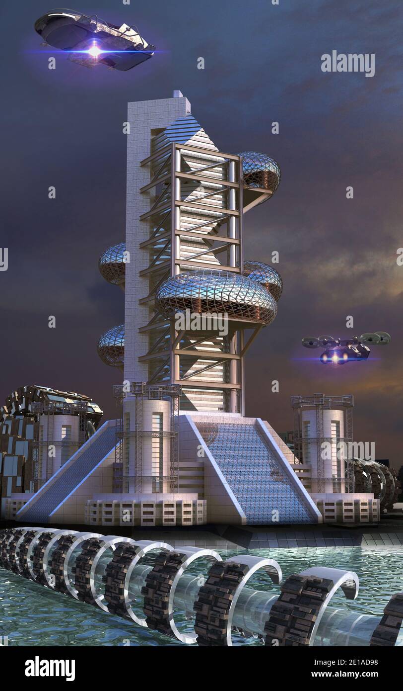 3D Illustration futuristischer Stadtarchitektur mit eiförmigen Glasstrukturen, für Fantasy- oder Science-Fiction-Hintergründe Stockfoto