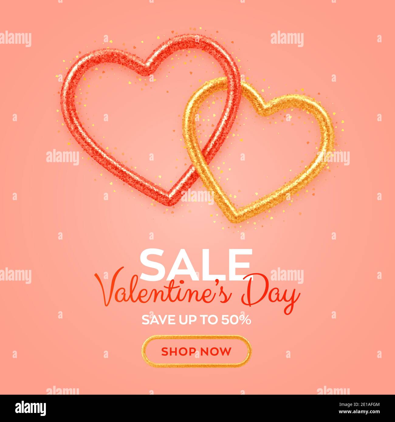 Valentinstag Sale Banner mit leuchtenden realistischen rot und Gold 3d Herzen mit Glitzer Textur und herzförmigen Konfetti. Hintergrund, Flyer, Poster, br Stock Vektor