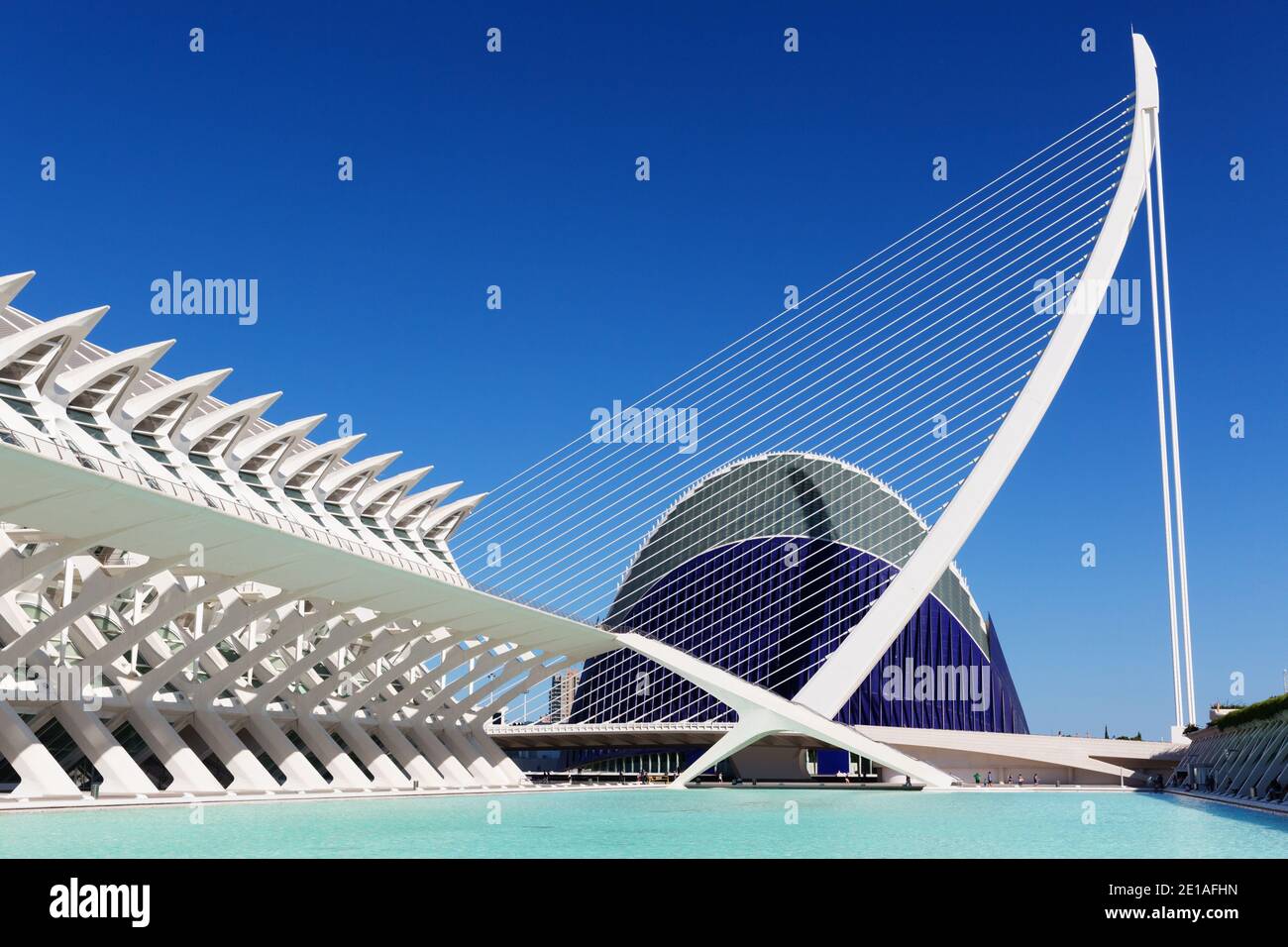 Das Museo de las Ciencias Príncipe Felipe oder das Wissenschaftsmuseum Prinz Philip, der Pont de l'Assut de l'Or und die Agora der Stadt der Künste und Wissenschaft Stockfoto