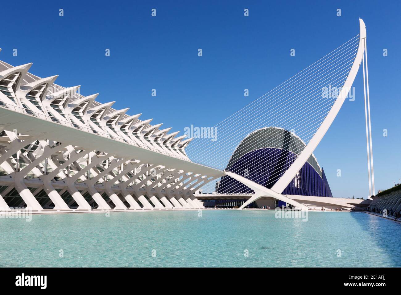 Das Museo de las Ciencias Príncipe Felipe oder das Wissenschaftsmuseum Prinz Philip, der Pont de l'Assut de l'Or und die Agora der Stadt der Künste und Wissenschaft Stockfoto Das Museo de las Ciencias Príncipe Felipe oder das Wissenschaftsmuseum Prinz Philip, der Pont de l'Assut de l'Or und die Agora der Stadt der Künste und Wissenschaft Stockfoto