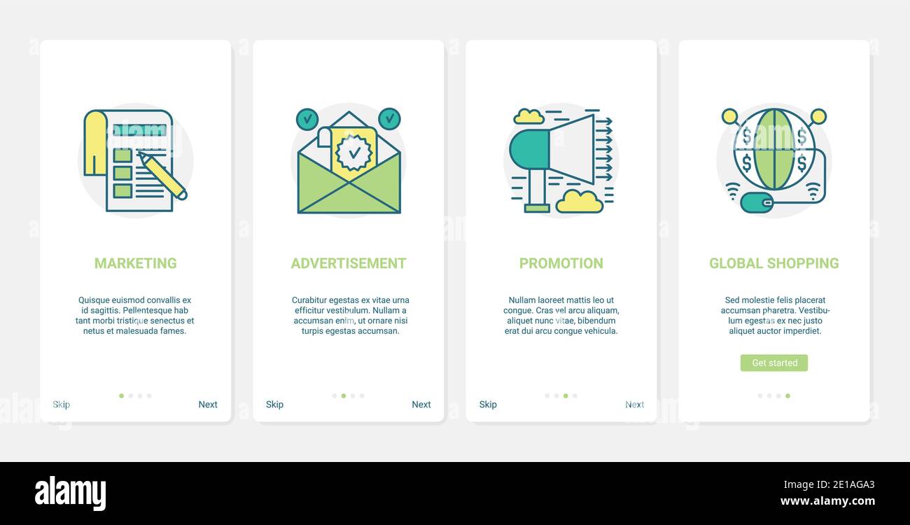Online Global Shopping, E-Commerce-Technologie Vektor Illustration. UX, UI Onboarding mobile App Seite Bildschirm mit Linie kommerzielle Förderung Symbole für Werbeartikel Dienstleistungen, digitales Marketing Stock Vektor