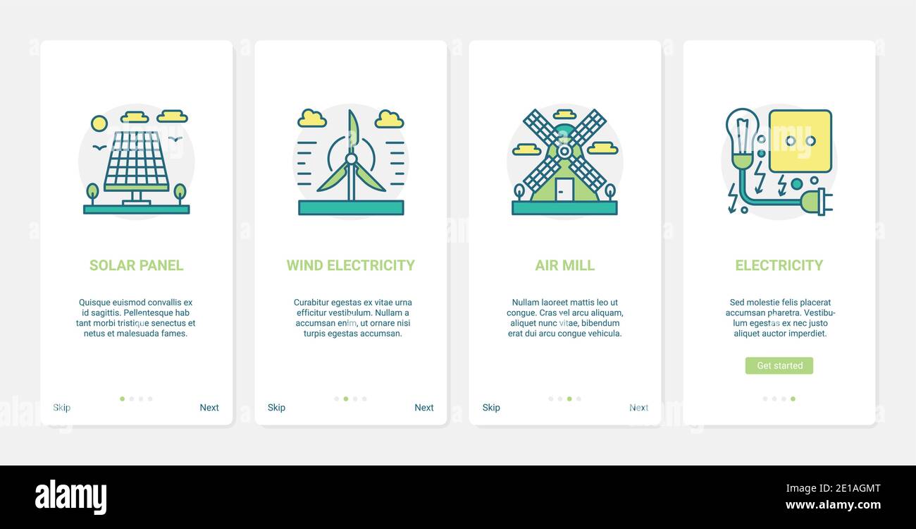 Erneuerbare Öko-Energiequellen, Umwelttechnik Vektorgrafik. UX, UI Onboarding mobile App Seite Bildschirm mit Linie industriellen Solarpanel, Windturbine Windmühle, um Strom zu erhalten Stock Vektor