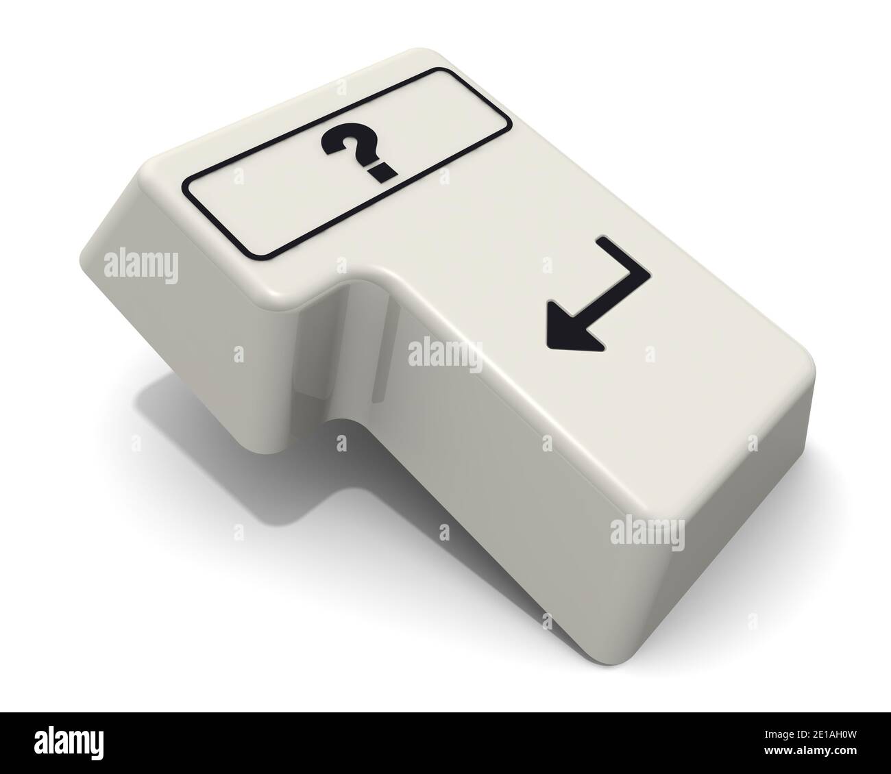 Eine Eingabetaste der Tastatur mit Fragezeichen. Die Eingabetaste der Computertastatur mit schwarzem Fragezeichen auf weißer Oberfläche. 3D-Illustration Stockfoto