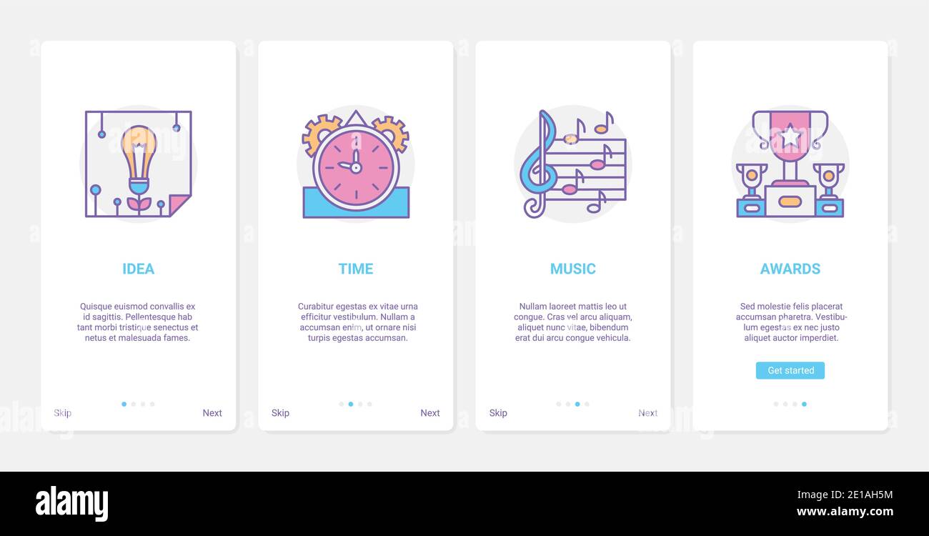 Kreative Kunst Idee, musikalische Kreativität pädagogische Technologie Vektor Illustration. UX, UI Onboarding mobile App Seite Bildschirm mit Linie Musik Notizen Bildung, Künstler Zeit Training und Auszeichnungen Symbole Stock Vektor