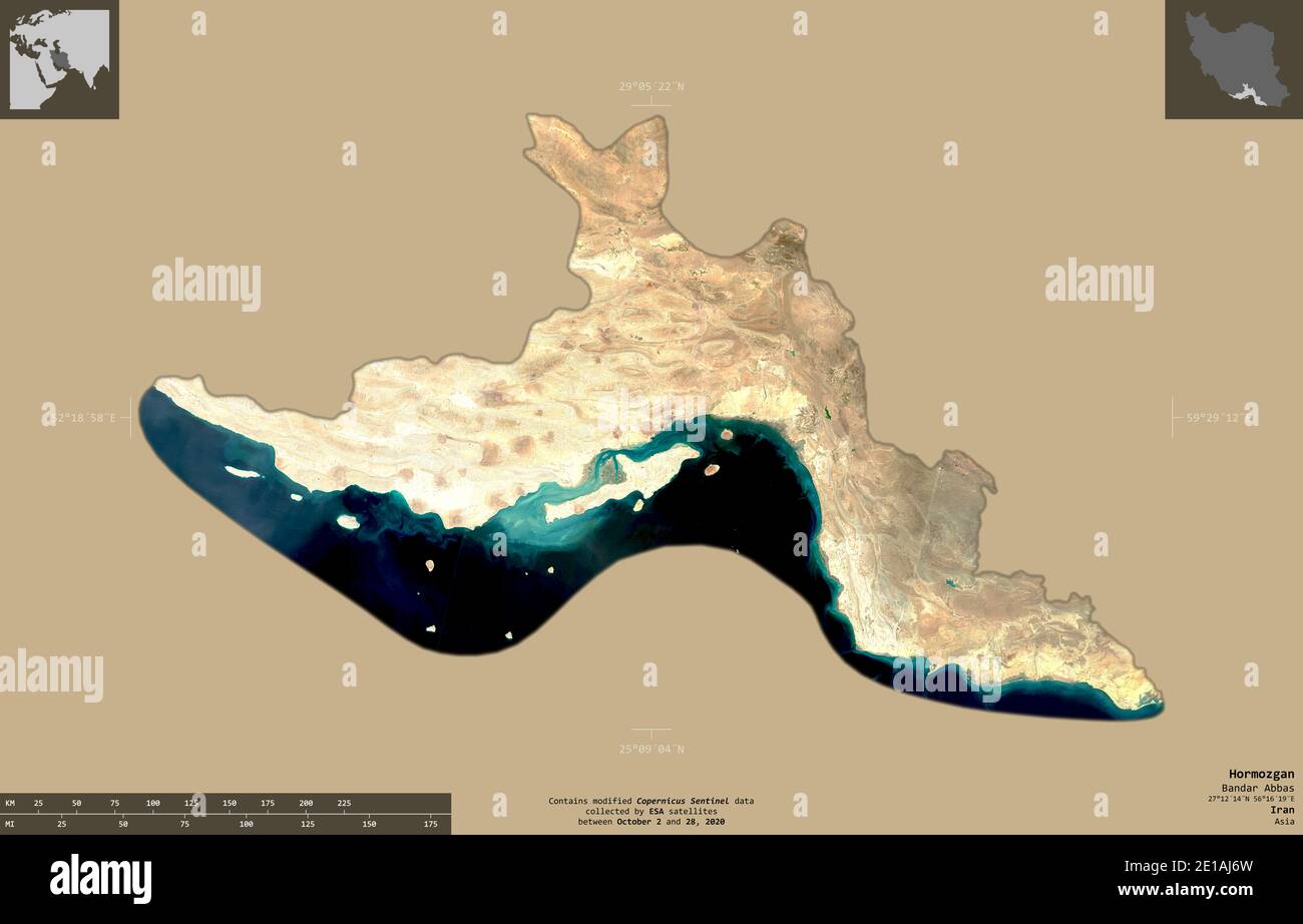 Hormozgan, Provinz Iran. Sentinel-2 Satellitenbilder. Form isoliert auf durchgehenden Hintergrund mit informativen Überlagerungen. Enthält modifizierten Copernicus Stockfoto