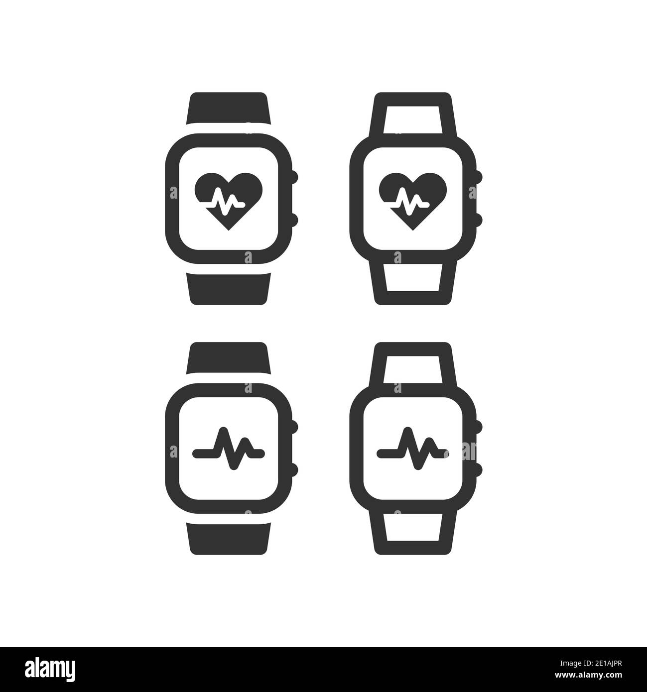 Pulsuhr oder Pulsometer mit Herzschlagsymbol. Armbanduhr mit Herzfrequenzmessanzeige, schwarzes Vektorsymbol. Stock Vektor