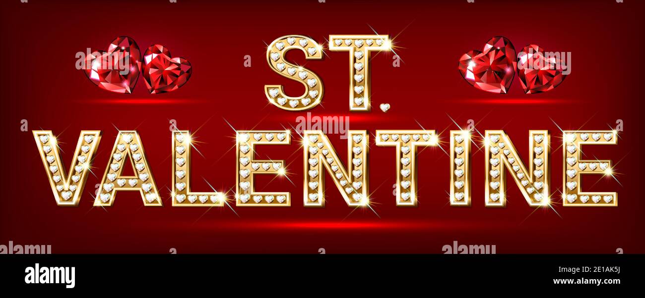 Wort von St. Valentine. Herzförmige Goldbuchstaben mit funkelnden Diamanten. Banner zum Valentinstag. Glückwunschkarte. Realistischer 3D-Stil auf einer dunklen BA Stock Vektor
