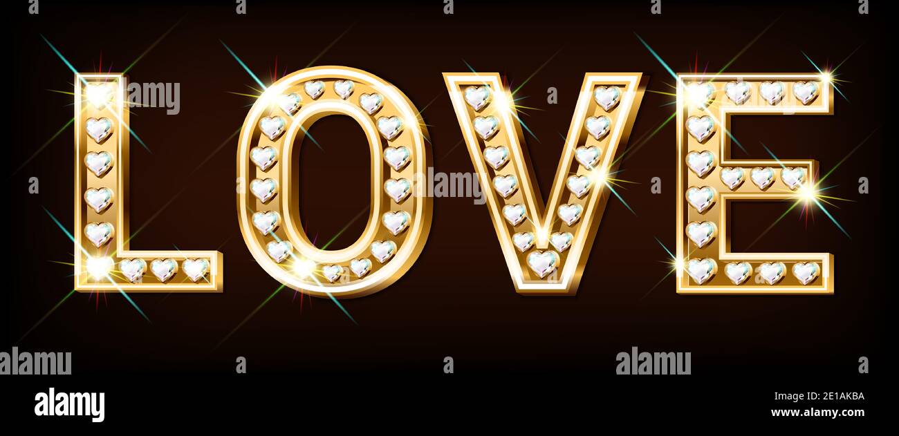 Das Wort Liebe. Herzförmige Goldbuchstaben mit funkelnden Diamanten. Banner zum Valentinstag. Glückwunschkarte. Realistischer 3D-Stil auf dunklem Hintergrund Stock Vektor